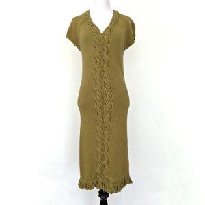 Nicole Miller Olive Green Cable Knit Short Sleeve Spring Fall Sweater Dress